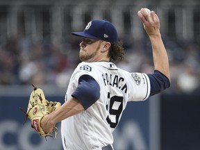 Chris Paddack of the  Padres pitches during the first inning of a baseball game against the Philadelphia Phillies at Petco Park June 4, 2019 in San Diego,.  (Photo by Denis Poroy/Getty Images)