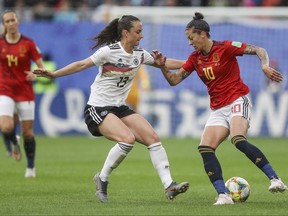 Sara Daebritz of Germany and Jennifer Hermoso of Spain battle for possession during the 2019 FIFA Women's World Cup France group B match between Germany and Spain at Stade du Hainaut on June 12, 2019 in Valenciennes, France. (Maja Hitij/Getty Images)