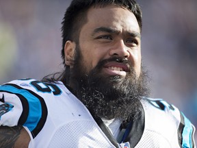 Star Lotulelei of the Carolina Panthers on the sidelines during a game against the Tennessee Titans at Nissan Stadium on November 15, 2015 in Nashville, Tennessee.