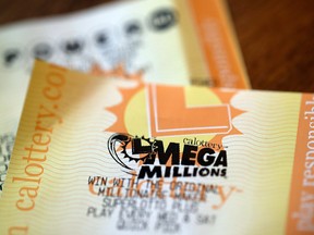 Powerball and Mega Millions lottery tickets are displayed on January 3, 2018 in San Anselmo, Calif.