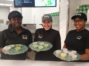Shauntel, (L), Alex (centre), and Sewa offer a warm welcome to the Freshii inside the Stockyard's Walmart