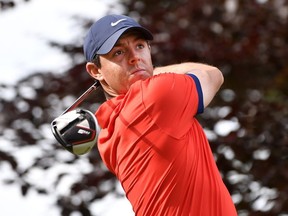 Rory McIlroy tees off on the seventeenth hole during the final round of the 2019 RBC Canadian Open golf tournament at Hamilton Golf & Country Club.