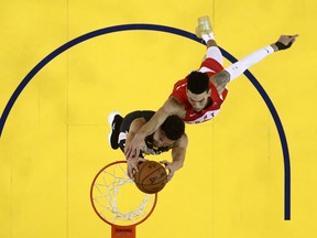 The Raptors' Danny Green tries to block a Klay Thompson dunk during Game 6 of the NBA Finals. (Lachlan Cunningham/Getty Images)