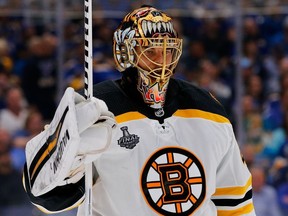 Boston Bruins goaltender Tuukka Rask skates to the bench during a tv timeout during the first period against the St. Louis Blues in game four of the 2019 Stanley Cup Final at Enterprise Center.