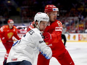 Jack Hughes (front) who represented the U.S. in the recently wrapped-up of world hockey championship, did not participate in the physical testing to end the NHL Combine on Saturday in Buffalo. (Martin Rose/Getty Images)