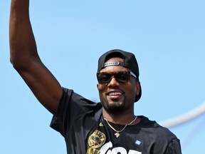 Toronto Raptors forward Serge Ibaka celebrates with fans during the Toronto Raptors Championship Parade on Lakeshore Boulevard. (USA TODAY)