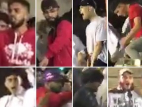 Images of eight men sought in the vandalizing of a Toronto Police cruiser after the Raptors won the NBA Championship on June 13, 2019.