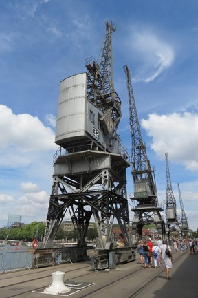 Large cranes mounted on rails alongside Wapping Wharf in front of M Shed in Bristol. (Ian Robertson)