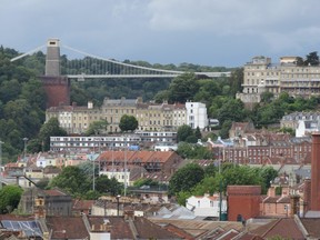 Clifton Suspension Bridge over Avon Gorge, with streets of Bristol homes in foreground. (Ian Robertson)