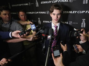 National Hockey League prospect Jack Hughes speaks with the media at Enterprise Center on June 3, 2019 in St Louis. (Bruce Bennett/Getty Images)
