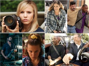 Clockwise from top left: Kristen Bell in Veronica Mars; Sarah Jessica Parker in Divorce; Frank Grillo and Anthony Mackie in Point Blank; Jerry Seinfeld and Eddie Murphy in Comedians in Cars Getting Coffee; Millie Bobby Brown in Stranger Things and Karl Urban in The Boys.