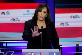 Senator Kamala Harris speaks during the second night of the first Democratic presidential candidates debate in Miami on Thursday, June 27, 2019.