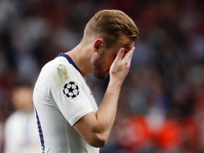 Tottenham's Harry Kane looks dejected after Liverpool win the Champions League Final in Madrid, Spain on Saturday June 1.
