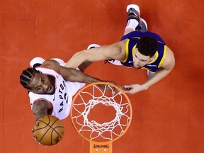 Raptors Kawhi Leonard and Warriors Klay Thompson in Game 5. GETTY