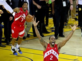 Kawhi Leonard (2) celebrates after the Raptors defeated the Golden State Warriors in Game 6 of the NBA Finals to win the championship series. ( Sergio Estrada/USA TODAY Sports)
