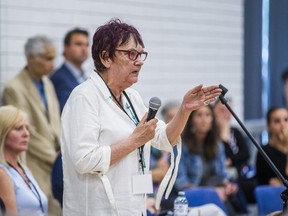 Patti Pettigrew, president of the Thunder Woman Healing Lodge Society, fields questions from local residents during a community meeting at the Birchmount Community Centre in Toronto, Ont. on Wednesday June 12, 2019. The meeting was about the proposed Thunder Woman Healing Lodge & Transitional Housing at 2217 Kingston Rd. in the  Cliffside area of Scarborough.