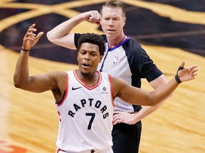 Raptors guard Kyle Lowry reacts after fouling out against the Golden State Warriors during the fourth quarter in Game 2 of the 2019 NBA Finals at Scotiabank Arena. (KYLE TERADA/USA TODAY Sports)