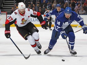 Auston Matthews (right) and the Maple Leafs will open their season at home on Oct. 2 against the Ottawa Senators. (Claus Andersen/Getty Images)