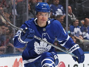 TORONTO, ON - DECEMBER 23:  Mitchell Marner #16 of the Toronto Maple Leafs gets set to play against the Detroit Red Wings during an NHL game at Scotiabank Arena on December 23, 2018 in Toronto, Ontario, Canada. The Maple Leafs defeated the Red Wings 5-4 in overtime. (Photo by Claus Andersen/Getty Images)