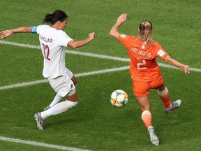 Canada's Christine Sinclair scores against the Netherlands at the FIFA Women's World Cup Stade Auguste-Delaune, Reims, France on June 20, 2019.