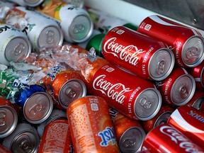 SAN FRANCISCO, CA - JUNE 29:  Cans of soda are displayed in a cooler on June 29, 2018 in San Francisco, California. California Gov. Jerry Brown signed into law a bill that restricts local governments from imposing new taxes on soda until 2031.  (Photo by Justin Sullivan/Getty Images)
