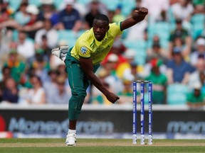 South Africa's Kagiso Rabada bowls during his team's match against Bangladesh on June 2, 2019, during the Cricket World Cup in London. (PAUL CHILDS/Reuters)