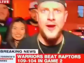 A man speaking to CP24 after Game 2 of the NBA Finals makes a vulgar comment about Ayesha Curry.