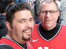 Jazz Mathon and Allen McCauley take in the experience outside Scotiabank Arena in Toronto prior to Monday night's Toronto Raptors game. (Jazz Mathon Photo)