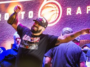 Rapper Drake celebrating the Toronto Raptors victory over the Golden State Warriors in the NBA Finals at Jurassic Park outside of the Scotiabank Arena in Toronto, Ont. on Thursday June 13, 2019. Ernest Doroszuk/Toronto Sun/Postmedia