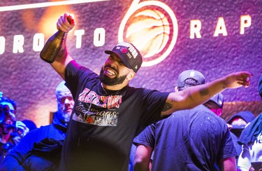 Rapper Drake celebrating theToronto Raptors victory over the Golden State Warriors in the NBA Finals at Jurassic Park outside of the Scotiabank Arena in Toronto, Ont. on Thursday June 13, 2019. Ernest Doroszuk/Toronto Sun/Postmedia
