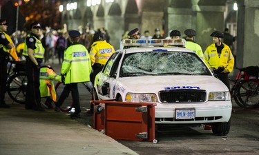 Toronto Police cruisers with smashed windows follwowingt the Toronto Raptors victory over the Golden State Warriors in the NBA Finals on Friday June 14, 2019. Ernest Doroszuk/Toronto Sun/Postmedia