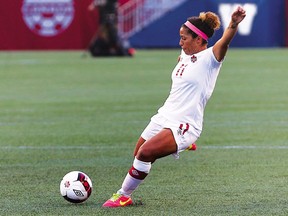 Canadian midfielder Desiree Scott shoots from distance during an international friendly soccer match against Costa Rica at Investors Group Field in Winnipeg on Thurs., June 8, 2017.