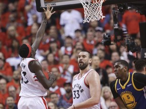 Raptors forward Pascal Siakam goes for a shot as Marc Gasol looks on during Game 5 of the NBA Finals Monday night. (Stan Behal/Toronto Sun)