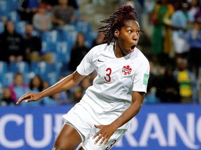 Canada's Kadeisha Buchanan celebrates scoring their first goal against Cameroon at the Stade de la Mosson in Montpellier, France on June 10, 2019.