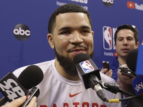 Fred VanVleet speaks to the media, as the Toronto Raptors and Golden State Warriors prepare for Game 5 of the NBA Finals at the Scotiabank Arena in Toronto, Ont. on June 9, 2019. (STAN BEHAL/Toronto Sun)