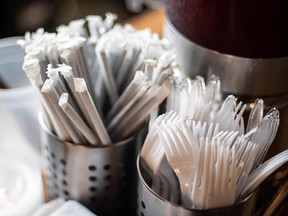 Plastic straws wrapped in paper and plastic forks are seen at a food hall in Washington, D.C. on June 20, 2019.  (ERIC BARADAT/AFP/Getty Images)