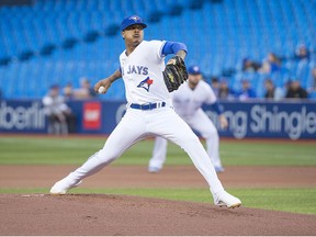 Toronto Blue Jays starting pitcher Marcus Stroman throws against the Los Angeles Angels in front of many empty seats at Rogers Centre. (Nick Turchiaro-USA TODAY Sports)