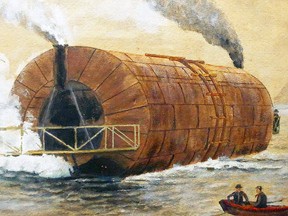 Watercolor of Knapp’s Roller Boat was painted by Thomas Harrison Wilkinson (1847-1949) who was born in Yorkshire, England and immigrated to London, Canada West (Ontario), in 1863. Wilkinson moved to Toronto in 1882. During the time Fred Knapp was experimenting with his Roller Boat in 1897 at the Polson Iron Works slip at the foot of Sherbourne St., Wilkinson was living at 43 Crawford St. and had an artist studio at 43 Adelaide St. E. It’s quite possible the artist created this work while watching the Roller Boat undergo testing on the Toronto waterfront just south of his downtown studio.