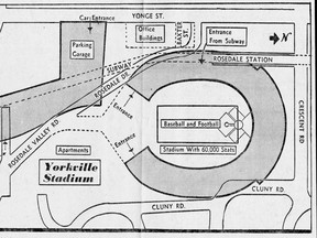 One of the many locations proposed for the city's new stadium was described in this c1960 newspaper article I found amongst hundreds of other clippings. Not far from the Yonge and Bloor intersection for some reason Rosedale residents were not fans of this proposal.