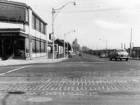 This City of Toronto Archives photo looks east along Front St. from Bathurst St. in 1960. The dominant building in the distance is the Royal York Hotel. To the extreme left of the view is a showroom identified as 25 Bathurst St. that was added to the old machinery supply company building, whose huge painted PETRIE sign (later BATHURST TOOL) was visible from the harbour, the Gardiner and lower Bathurst St. for decades. The building was actually erected in the late 1800s on a site that before extensive land filling was very close to the edge of the Toronto Harbour. It was in this building that over the years several successive ship building companies (Doty, Bertram then Canadian Shipbuilding) manufactured components for such vessels as the Toronto Island ferries Primrose and Mayflower and the extremely popular Lake Ontario passenger steamer Cayuga. This landmark structure continued to dominate the northeast corner of Bathurst and Front for many years until demolished in 2013. Condominiums now occupy the site. Map historian Nathan Ng has written a fascinating story about this Toronto intersection. View it at: http://skritch.blogspot.com/2011/06/hw-petrie-ltd-machinery-diamond-calk.html