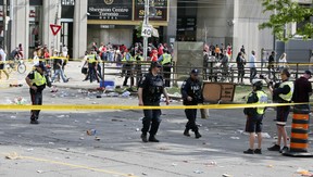 Queen and Bay is blocked off after a shooting during the Raptors championship parade on Monday June 17, 2019. Veronica Henri/Toronto Sun/Postmedia Network
