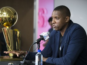 Raptors President Masai Ujiri speaks to the media at his year-end news conference in Toronto on Tuesday. (Craig Robertson/Toronto Sun)