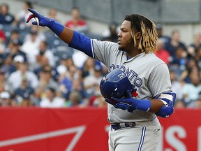 Toronto Blue Jays third baseman Vladimir Guerrero Jr. reacts after hitting an RBI double against the New York Yankees at Yankee Stadium. (Andy Marlin-USA TODAY Sports)