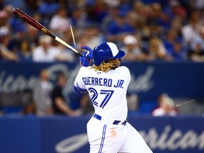 Blue Jays’ Vladimir Guerrero Jr. breaks his bat as he grounds out against the Kansas City Royals last night. (Getty images)