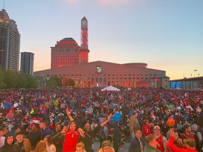 Thousands pack Celebration Square in Mississauga to watch the Raptors take on the Warriors in Game 2 of the NBA Finals on Sunday, June 2, 2019.