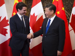 Prime Minister Justin Trudeau meets Chinese President Xi Jinping at the Diaoyutai State Guesthouse in Beijing, China on Tuesday, Dec. 5, 2017.