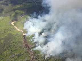 An aerial of ignition operations on the northern portion of Red Lake Fire 14 near Pikangikum First Nation. Photo courtesy of Aviation, Forest Fire and Emergency Services.