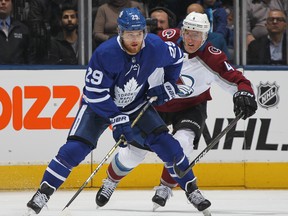 William Nylander #29 of the Toronto Maple Leafs skates with the puck against Tyson Barrie of the Colorado Avalanche. Barrie is now a member of the Maple Leafs. (Photo by Claus Andersen/Getty Images)