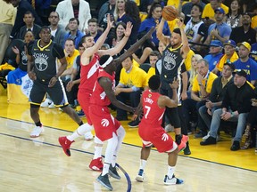 Barring any off-season blockbuster trade, Raptors’ Marc Gasol (left), Pascal Siakam and Kyle Lowry, here quickly converging on Steph Curry of the Warriors during the NBA Finals, will form the nucleus of next year’s team.  GETTY IMAGES