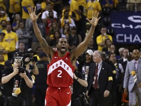 Kawhi Leonard of the Toronto Raptors celebrates his teams win over the Golden State Warriors in Game 6 to win the 2019 NBA Finals at ORACLE Arena on June 13, 2019 in Oakland, Calif.